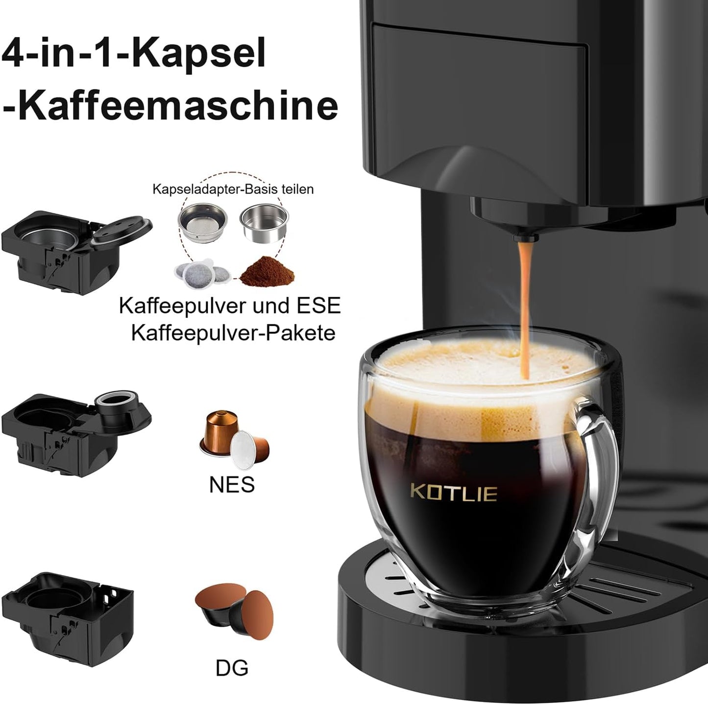 KOTLIE AC-513K 4 in1 macchina Da Caffè Capsule,Per Nespresso Original/Dolce Gusto/Caffè in polvere/Caffè Borbone ESE Pods(44mm)/STARBUCKS,19Bar,800ML Serbatoio dell'acqua rimovibile
