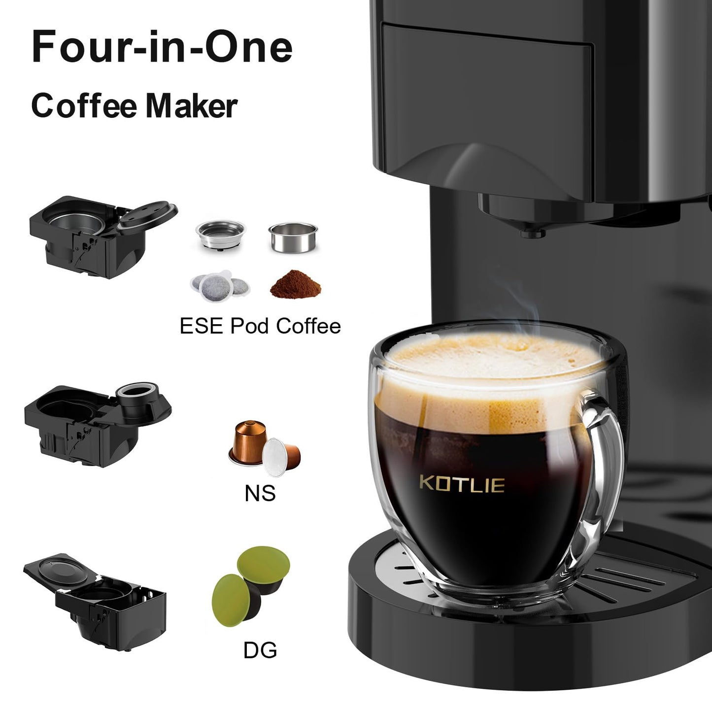 KOTLIE 513K Espresso 4in1 Coffee Machine for Nespresso Original/Dolce Gusto/L’OR/Starbucks/Ground Capsule and ESE Coffee Pods,19 Bar Automatic Coffee Machines