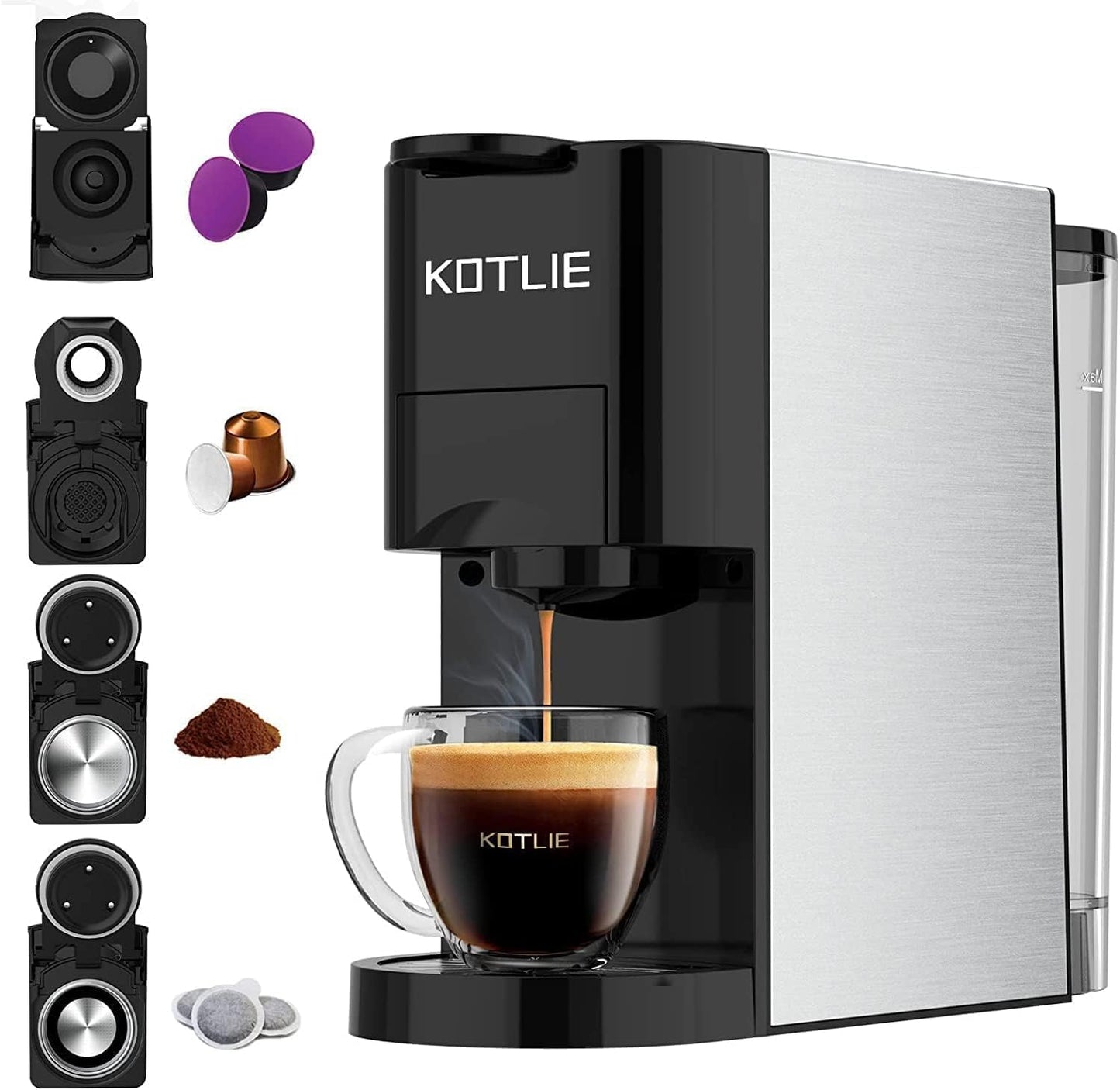 KOTLIE AC-513K 4 in1 macchina Da Caffè Capsule,Per Nespresso Original/Dolce Gusto/Caffè in polvere/Caffè Borbone ESE Pods(44mm)/STARBUCKS,19Bar,800ML Serbatoio dell'acqua rimovibile