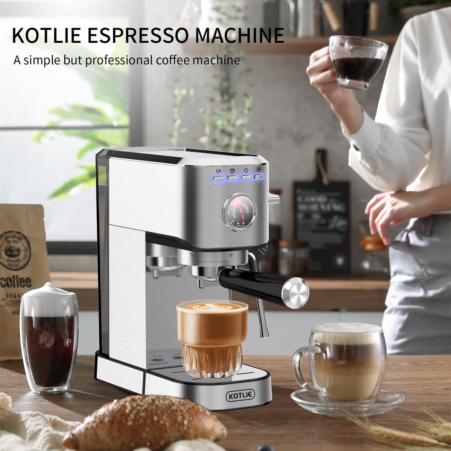 KOTLIE Cafetera Express, Cafeteras de Café de Bomba Tradicional Compacta de 15 Bar con Espumador de Leche, Acero Inoxidable,1L