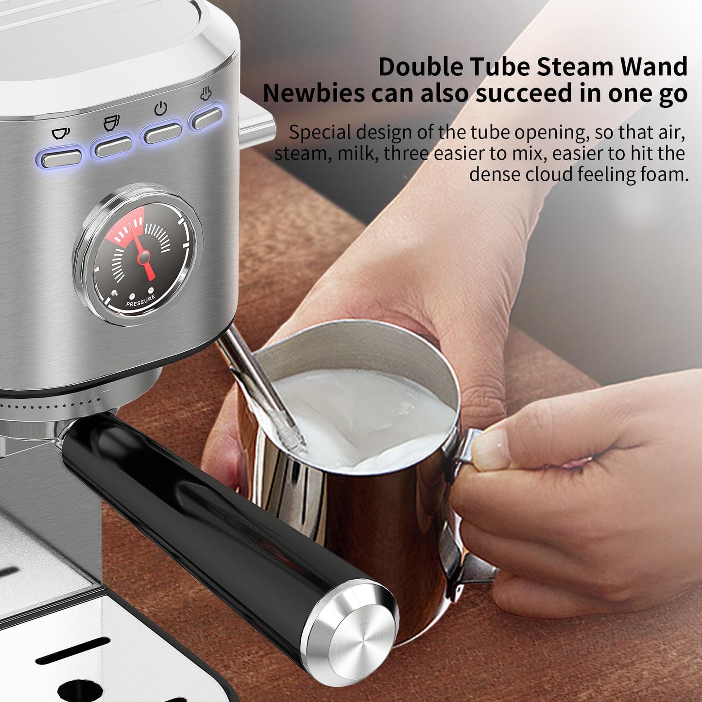 KOTLIE Cafetera Express, Cafeteras de Café de Bomba Tradicional Compacta de 15 Bar con Espumador de Leche, Acero Inoxidable,1L
