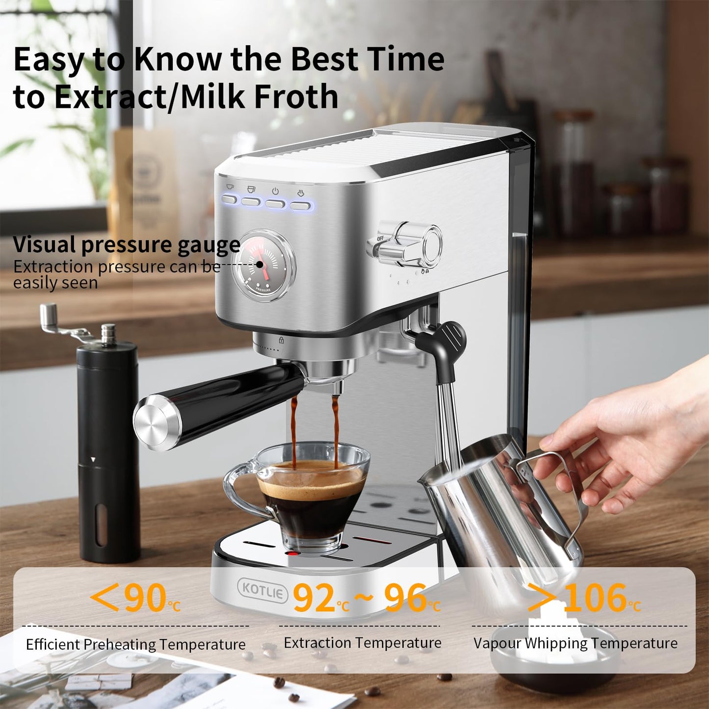 KOTLIE Cafetera Express, Cafeteras de Café de Bomba Tradicional Compacta de 15 Bar con Espumador de Leche, Acero Inoxidable,1L