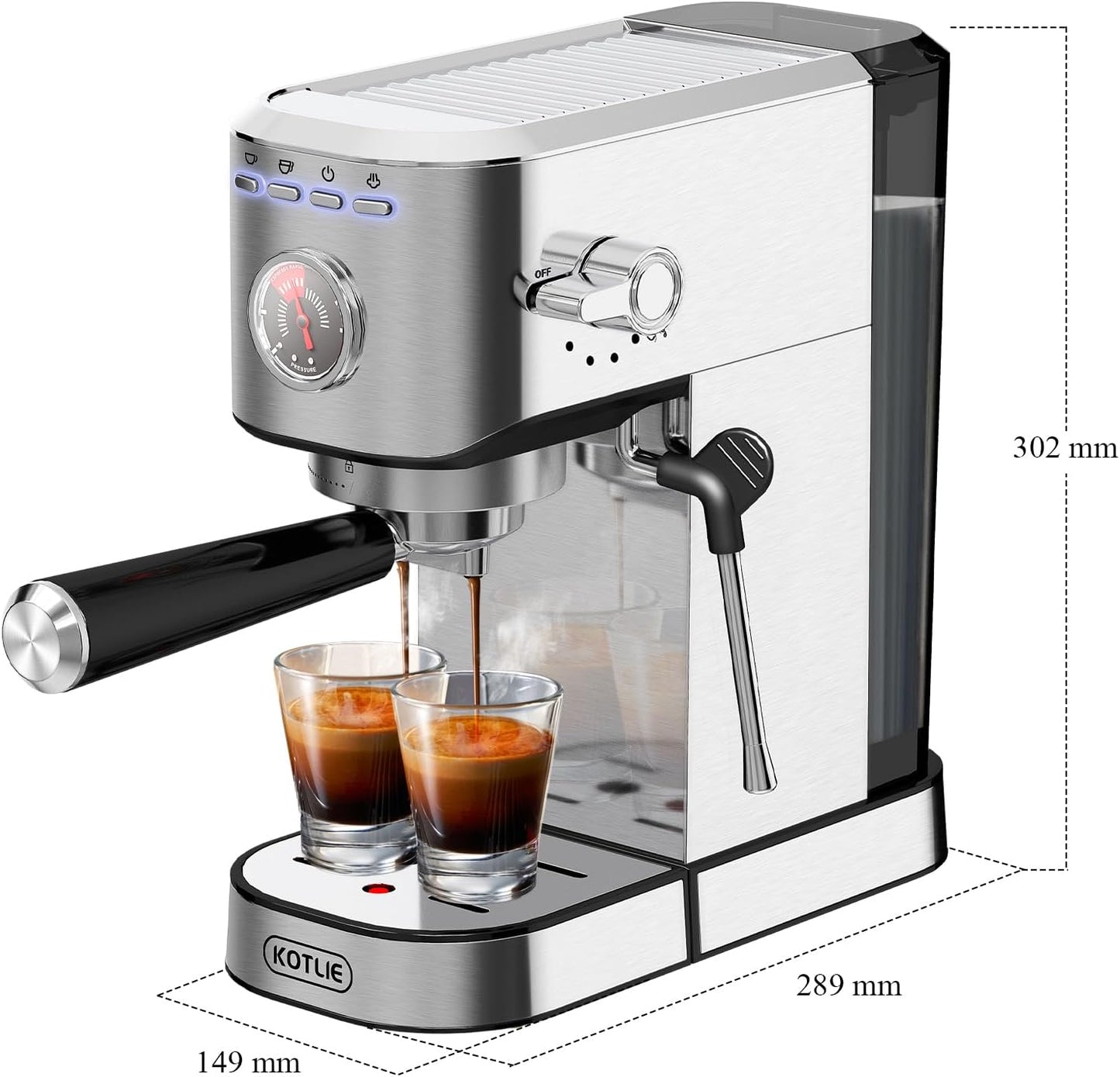 KOTLIE Espresso Coffee Machines 20bar Compact Traditional Pump Coffee Machine with Milk Frother Wand Maker,Stainless Steel 1L. CM5080