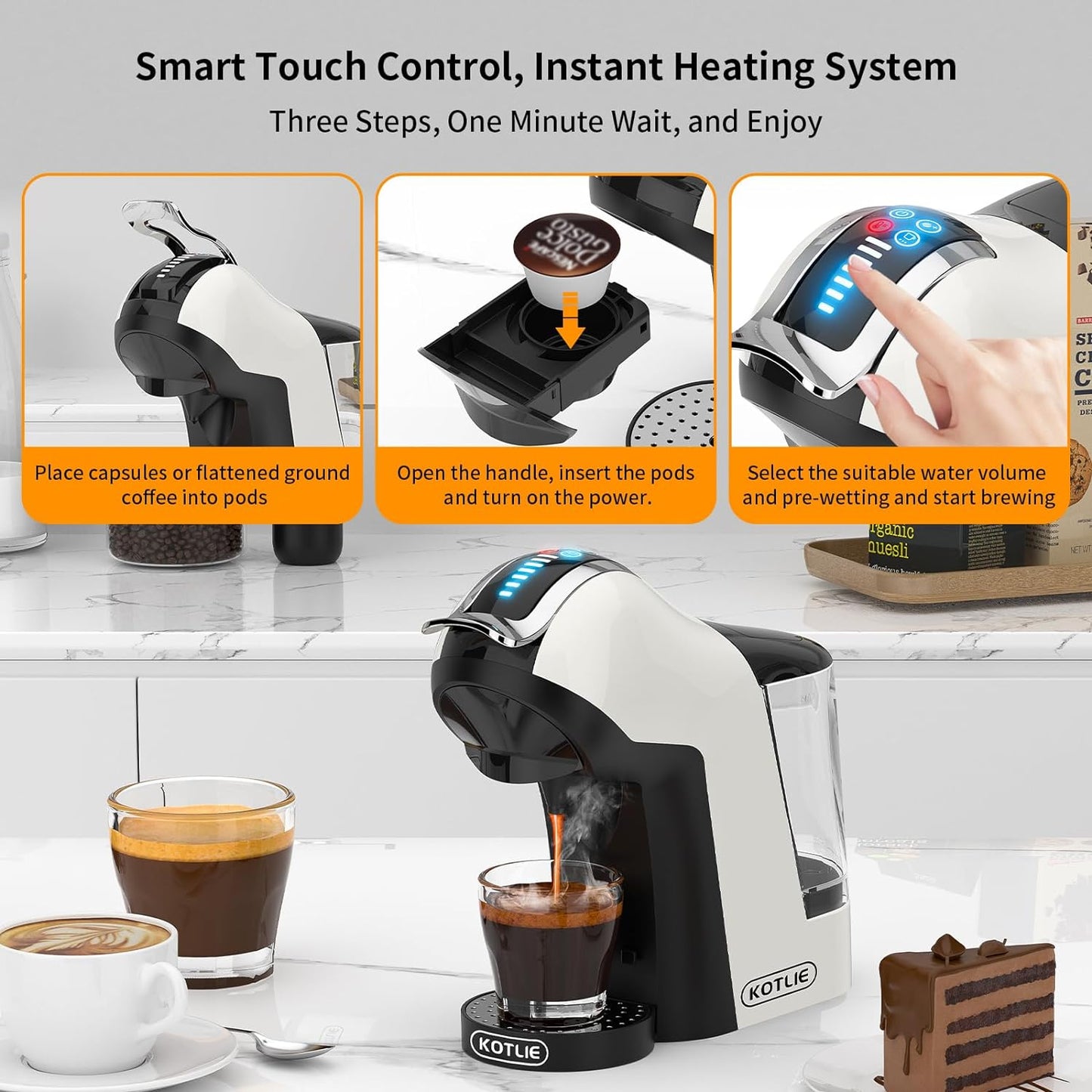 KOTLIE 308A Espresso Machine that makes milk froth,Single-Serve Coffee Maker for Kcup/Nespresso Original/Dolce Gusto/Starbucks Tea and Milk Capsules/Coffee Powder/illy 44mm ESE,19Bar,Cold&Hot brew