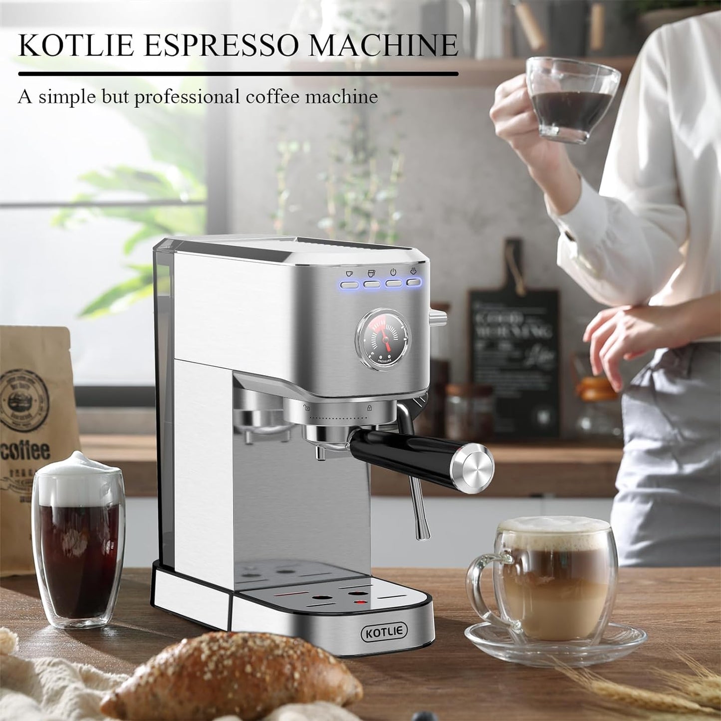 KOTLIE Espresso Coffee Machines 20bar Compact Traditional Pump Coffee Machine with Milk Frother Wand Maker,Stainless Steel 1L. CM5080