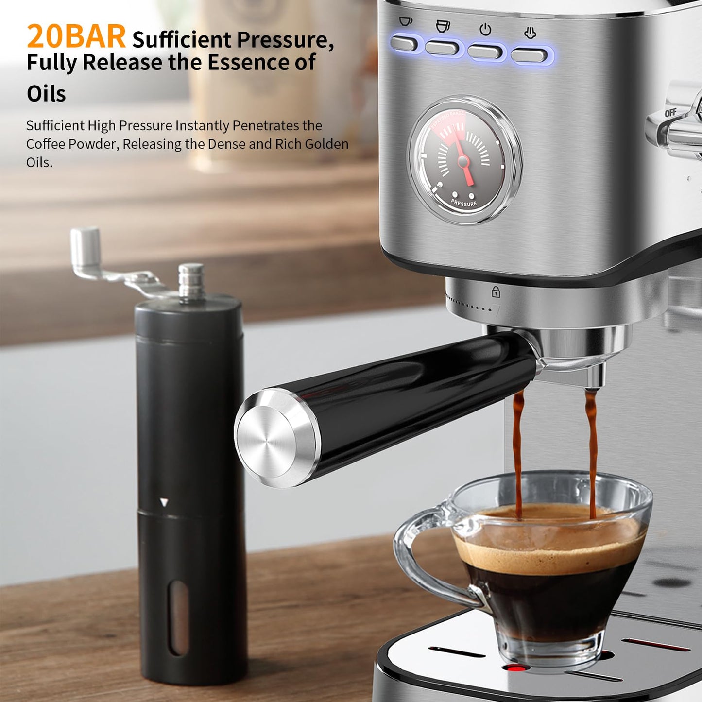 KOTLIE Cafetera Express, Cafeteras de Café de Bomba Tradicional Compacta de 15 Bar con Espumador de Leche, Acero Inoxidable,1L