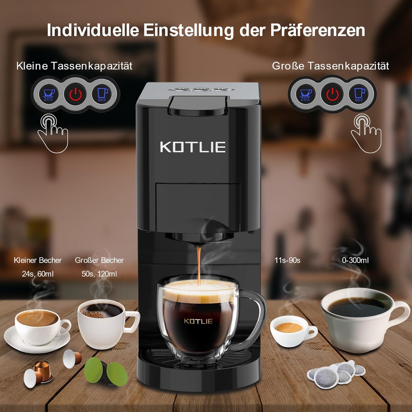 KOTLIE AC-513K 4 in1 macchina Da Caffè Capsule,Per Nespresso Original/Dolce Gusto/Caffè in polvere/Caffè Borbone ESE Pods(44mm)/STARBUCKS,19Bar,800ML Serbatoio dell'acqua rimovibile