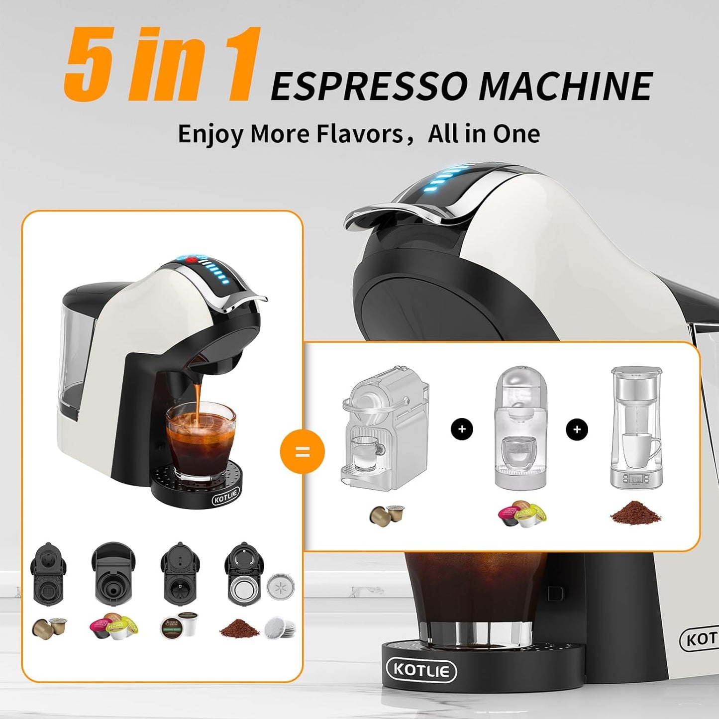 KOTLIE 308A Espresso Machine that makes milk froth,Single-Serve Coffee Maker for Kcup/Nespresso Original/Dolce Gusto/Starbucks Tea and Milk Capsules/Coffee Powder/illy 44mm ESE,19Bar,Cold&Hot brew