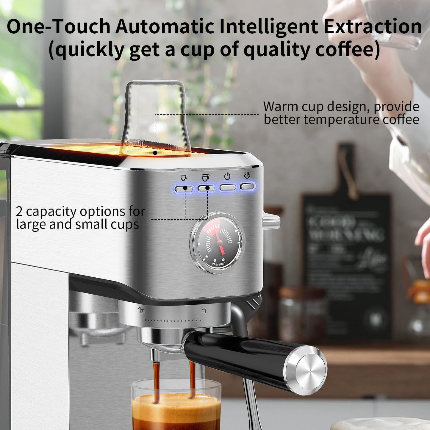 KOTLIE Cafetera Express, Cafeteras de Café de Bomba Tradicional Compacta de 15 Bar con Espumador de Leche, Acero Inoxidable,1L