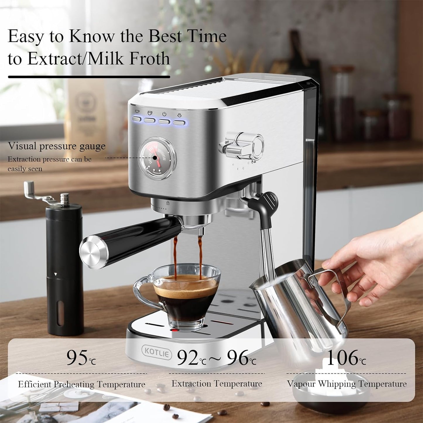 KOTLIE Espresso Coffee Machines 20bar Compact Traditional Pump Coffee Machine with Milk Frother Wand Maker,Stainless Steel 1L. CM5080