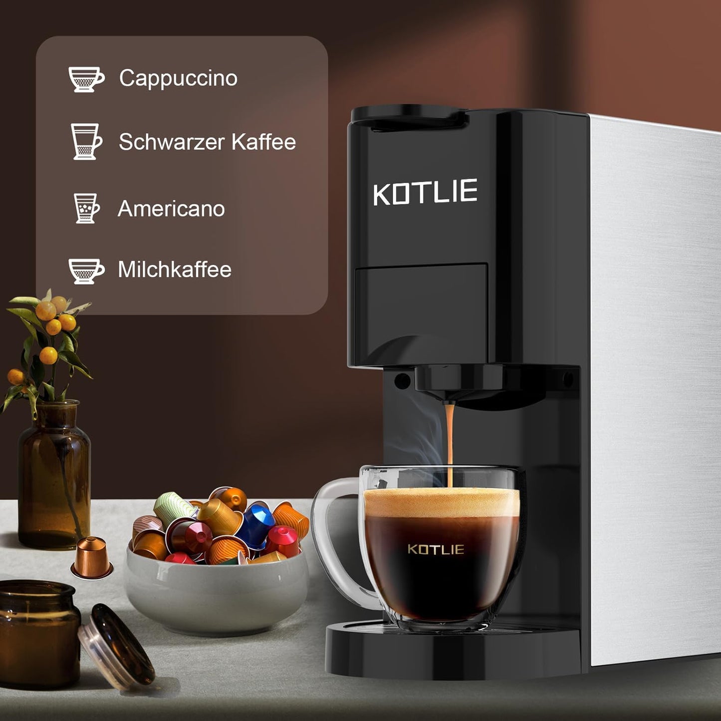 KOTLIE AC-513K 4 in1 macchina Da Caffè Capsule,Per Nespresso Original/Dolce Gusto/Caffè in polvere/Caffè Borbone ESE Pods(44mm)/STARBUCKS,19Bar,800ML Serbatoio dell'acqua rimovibile
