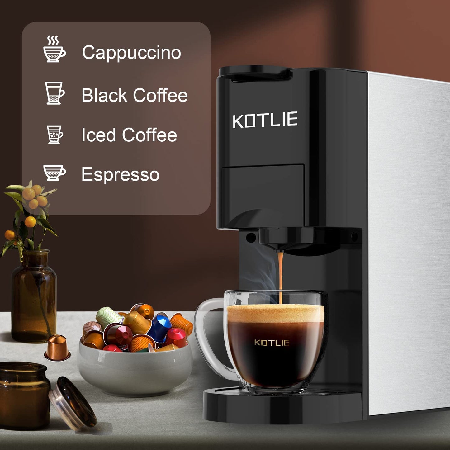 KOTLIE 513K Espresso 4in1 Coffee Machine for Nespresso Original/Dolce Gusto/L’OR/Starbucks/Ground Capsule and ESE Coffee Pods,19 Bar Automatic Coffee Machines