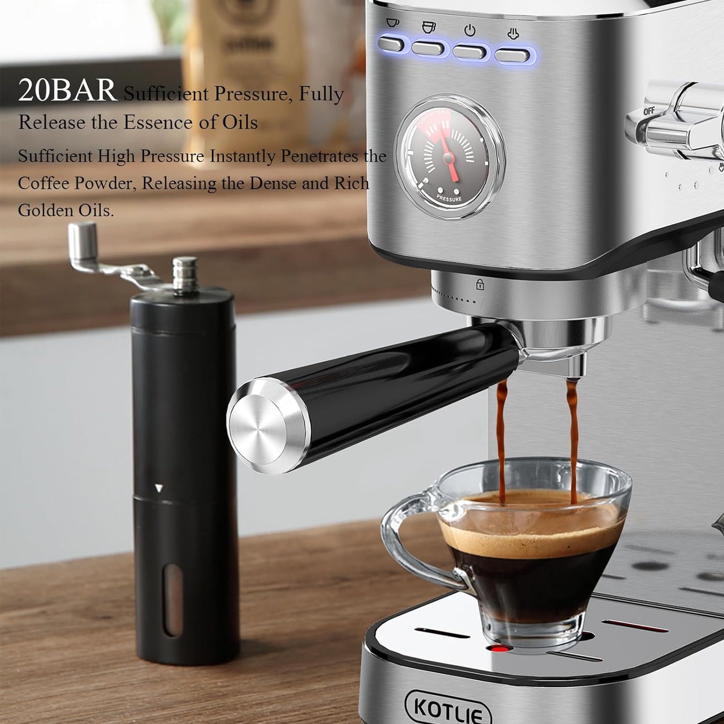 KOTLIE Espresso Coffee Machines 20bar Compact Traditional Pump Coffee Machine with Milk Frother Wand Maker,Stainless Steel 1L. CM5080