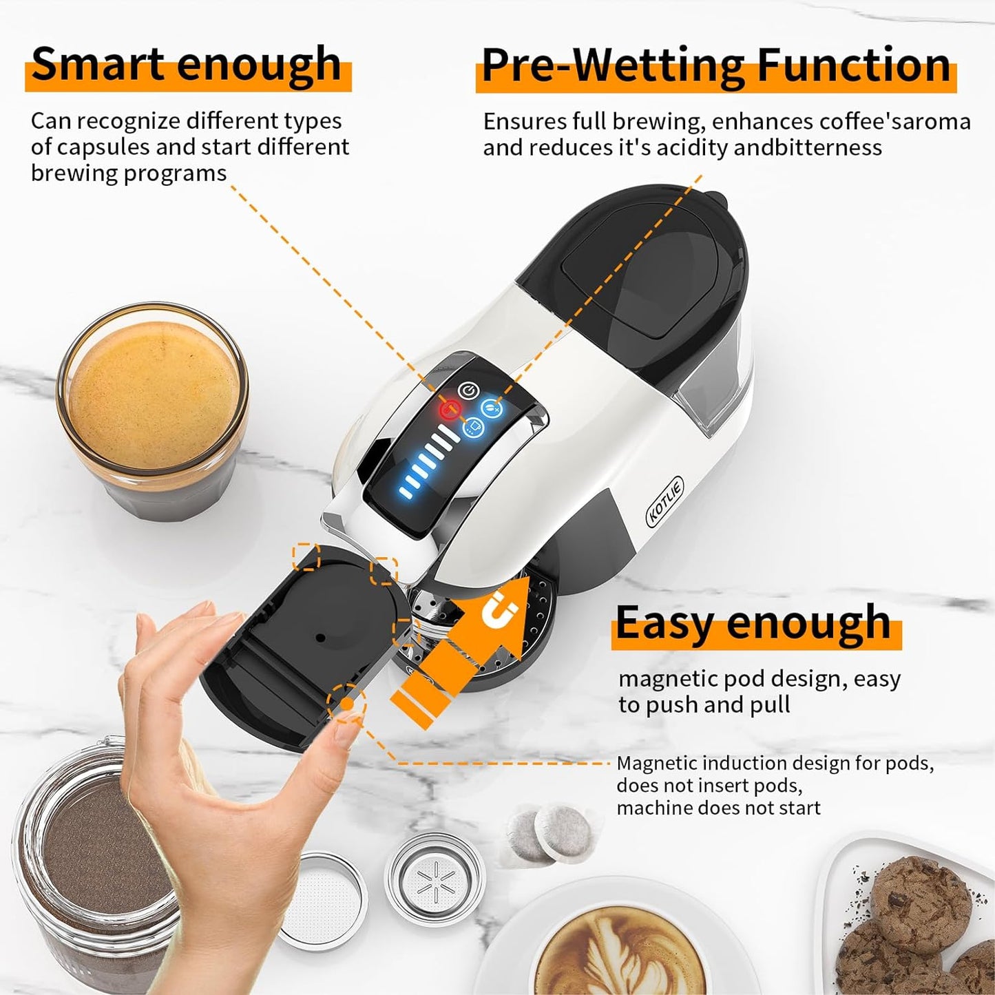 KOTLIE 308A Espresso Machine that makes milk froth,Single-Serve Coffee Maker for Kcup/Nespresso Original/Dolce Gusto/Starbucks Tea and Milk Capsules/Coffee Powder/illy 44mm ESE,19Bar,Cold&Hot brew