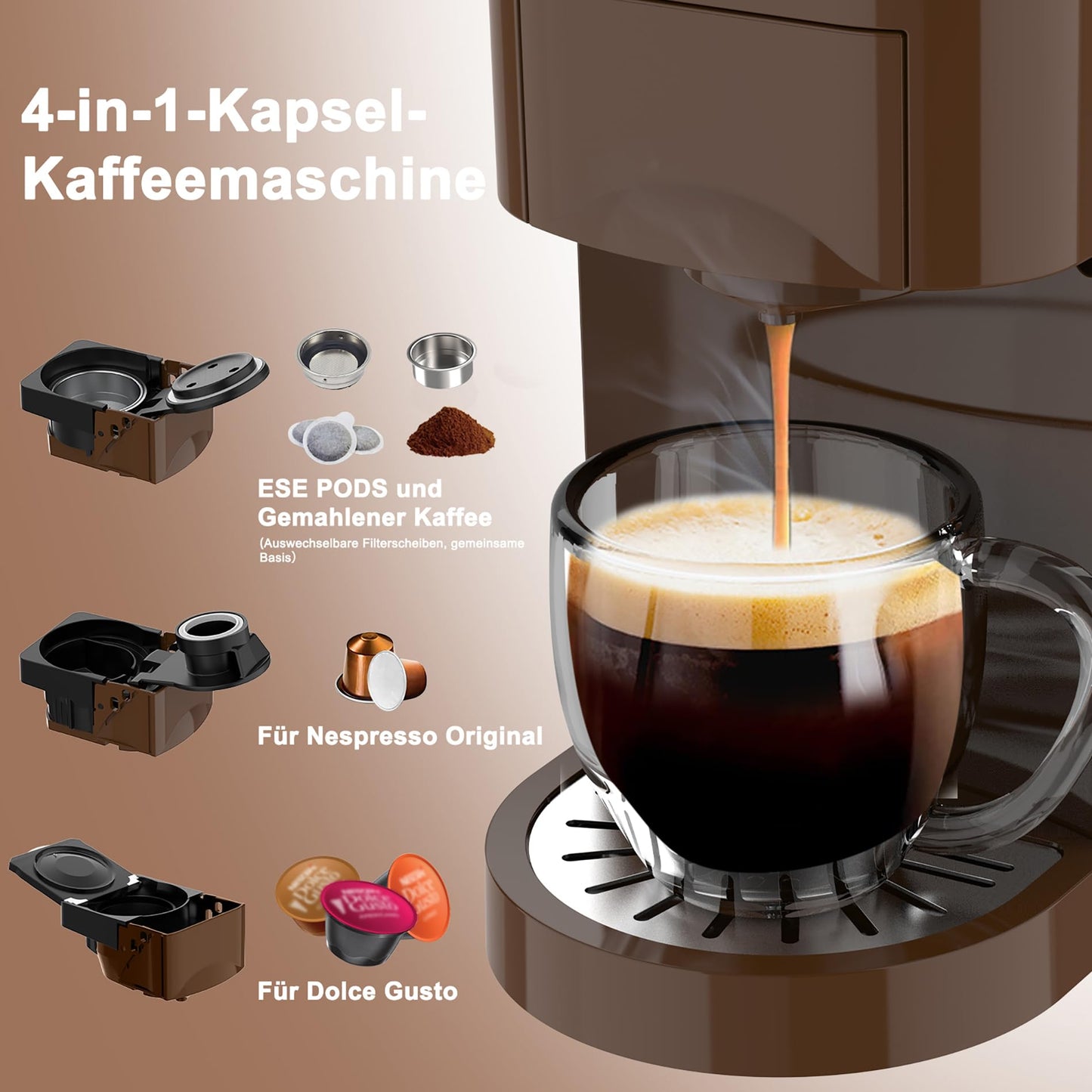Expreso 513F 5 en 1 Cafetera de Capsulas para Dolce Gusto/Nespresso Original/Lavazza Mio/Ground/ESE Pods,19 Bar Alta Presión Apagado Automático Depósito cafetera capsulas…