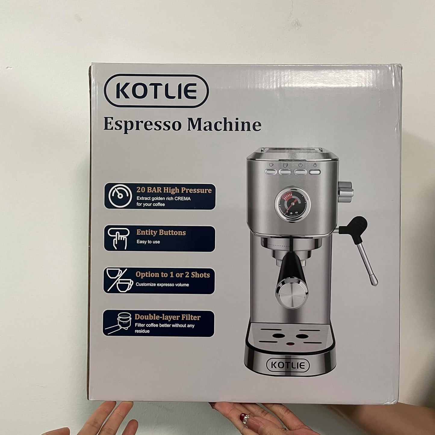 KOTLIE Espresso Coffee Machines 20bar Compact Traditional Pump Coffee Machine with Milk Frother Wand Maker,Stainless Steel 1L. CM5080