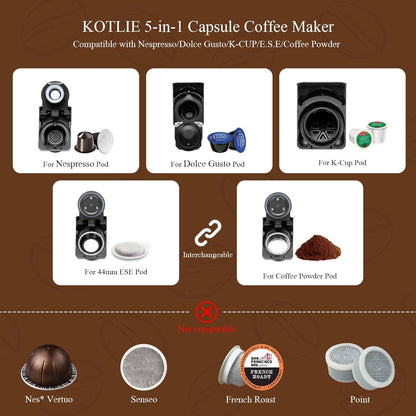KOTLIE 513F 19Bar Espresso Machine,5in1 Single Serve Coffee Maker for Nespresso Original/Dolce Gusto/K cups/L'OR/Ground Coffee/illy 44mm ESE,Hot&Cold Brew Coffee Machine,Level 7 water volume