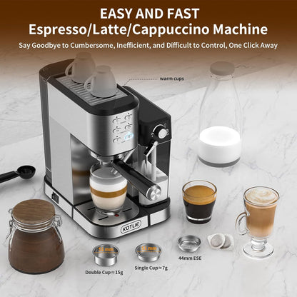 KOTLIE Cappuccino & Latte Espresso Coffee Machine, One-Touch Automatic Coffee maker for Espresso, Cappuccino and Latte, ESE Pod Compatible, 20Bar Italian Pump, Dual Heat System 1350W and 900W,