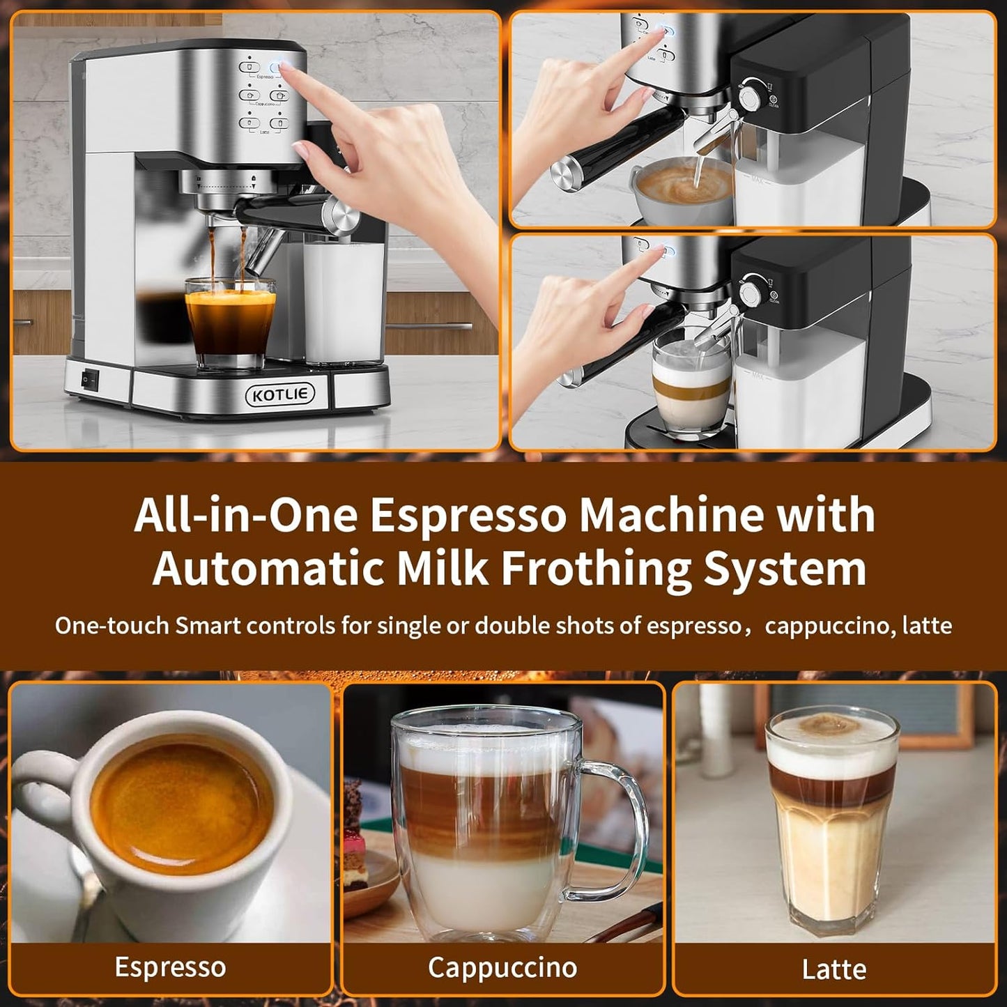 KOTLIE Cappuccino & Latte Espresso Coffee Machine, One-Touch Automatic Coffee maker for Espresso, Cappuccino and Latte, ESE Pod Compatible, 20Bar Italian Pump, Dual Heat System 1350W and 900W,