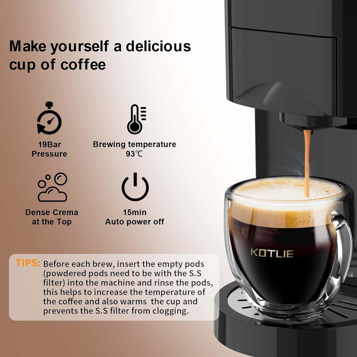 KOTLIE 513F 19Bar Espresso Machine,5in1 Single Serve Coffee Maker for Nespresso Original/Dolce Gusto/K cups/L'OR/Ground Coffee/illy 44mm ESE,Hot&Cold Brew Coffee Machine,Level 7 water volume