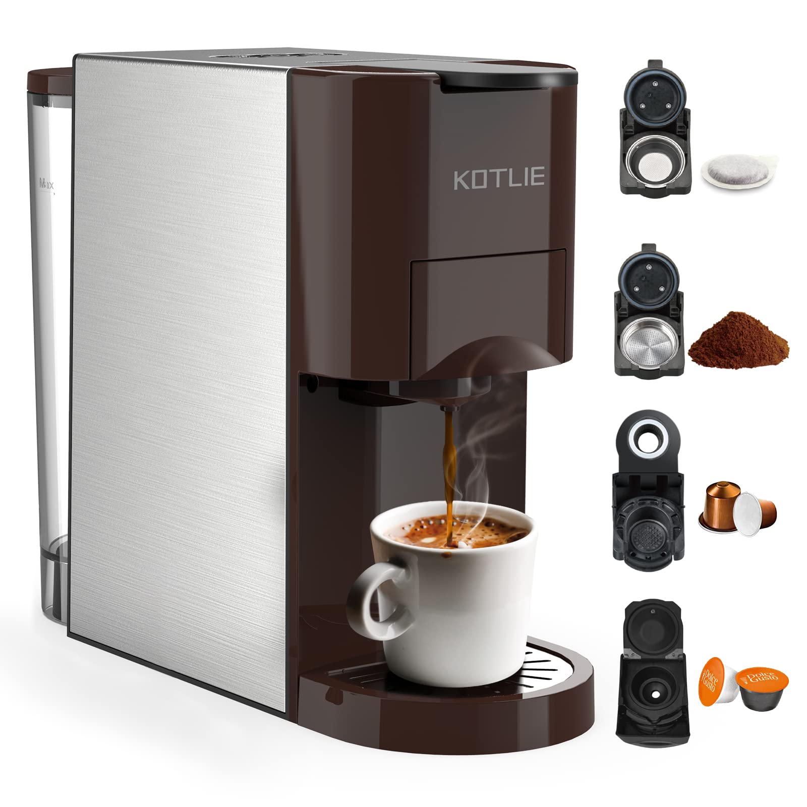 KOTLIE 513K Espresso 4in1 Coffee Machine for Nespresso Original Dolce Gusto L OR Starbucks Ground Capsule and ESE Coffee Pods 19 Bar Automatic Coffee